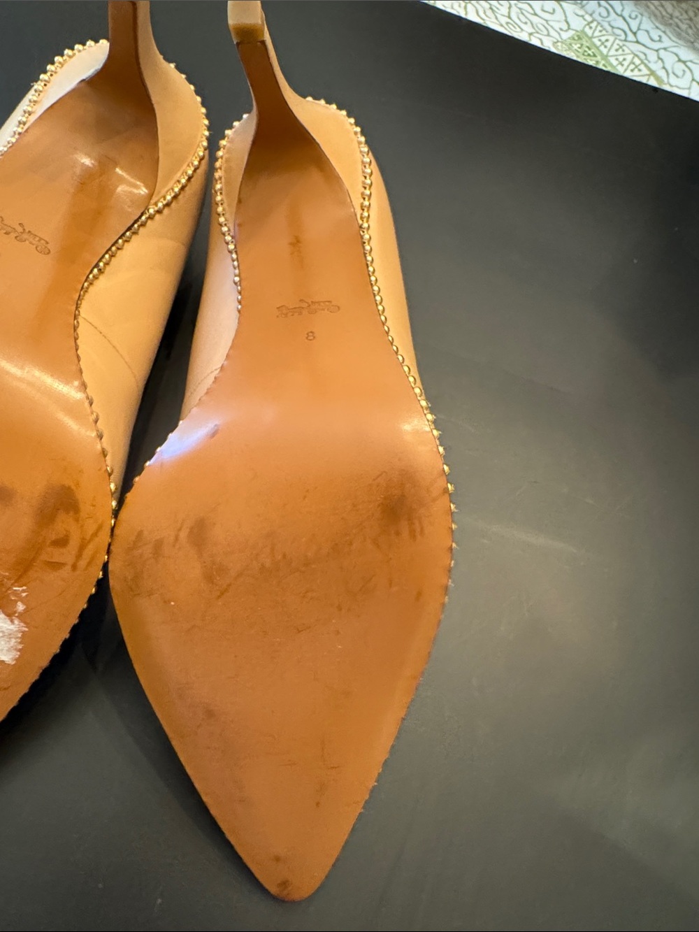 Coach Women's Nude/Tan Pointed Toe Pumps with Gold Stud Trim - Picture 4 of 4